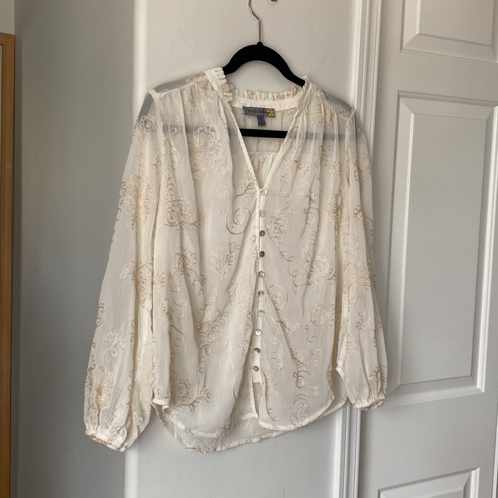 Figueroa & Flower - Cream Embroidered Button Down Sheer V-Neck Blouse / Top